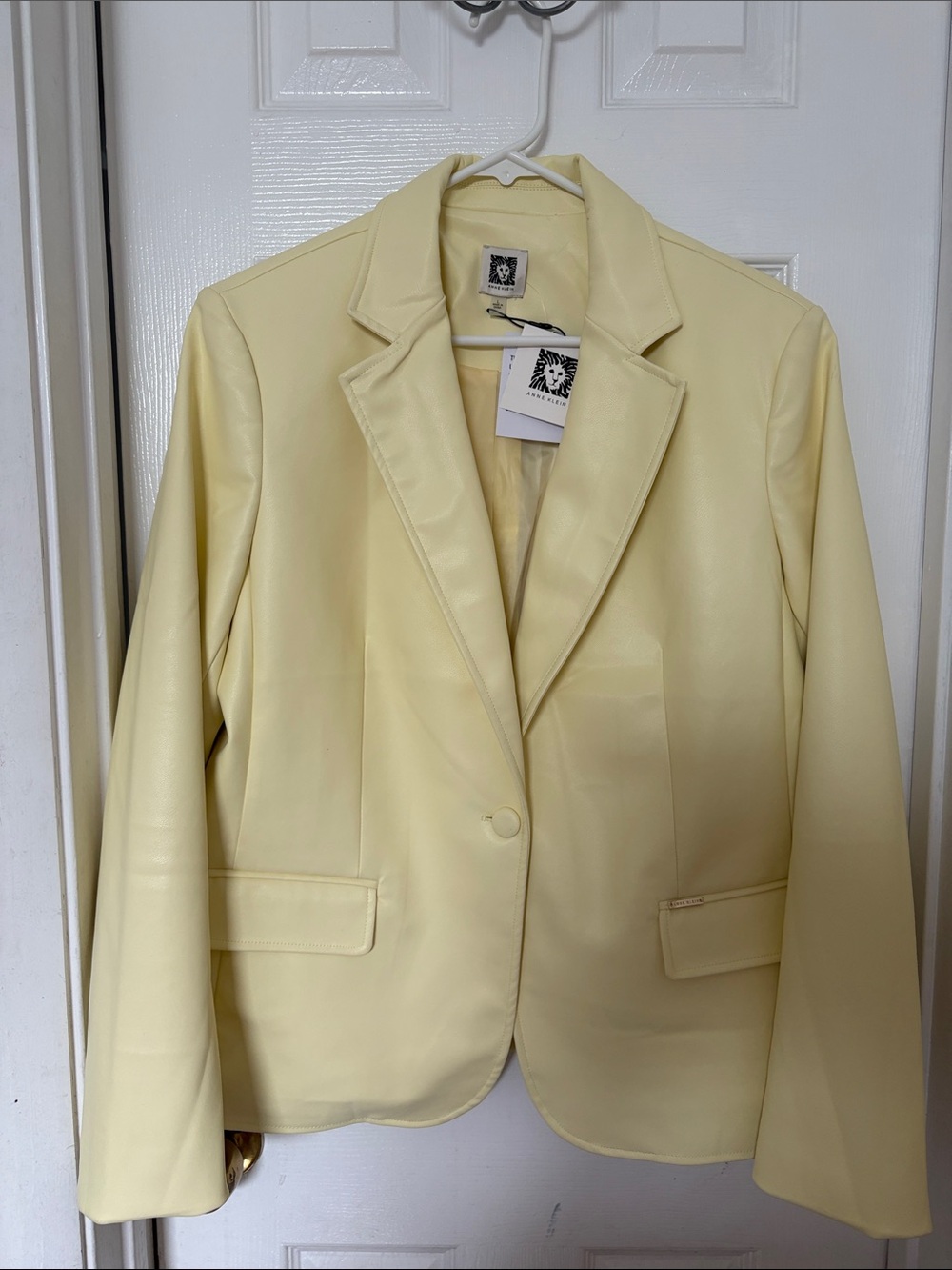 Anne Klein Soft Lemon Faux Leather Single-Button Blazer